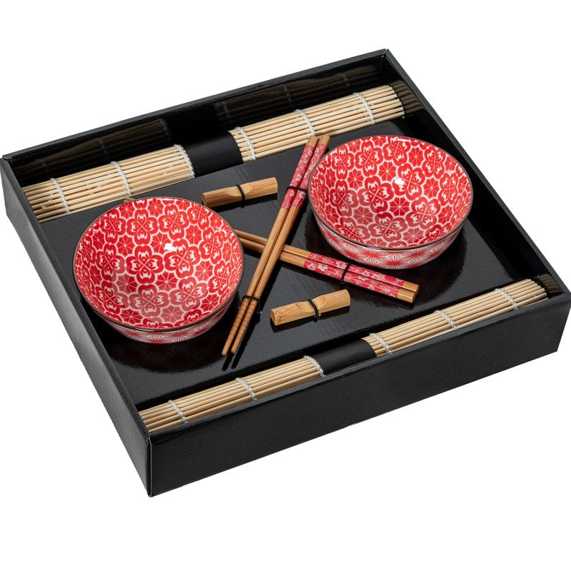 Set completo de 2 cuencos de porcelana con diseño floral rojo, junto con palillos y salvamanteles de bambú en caja de presentación