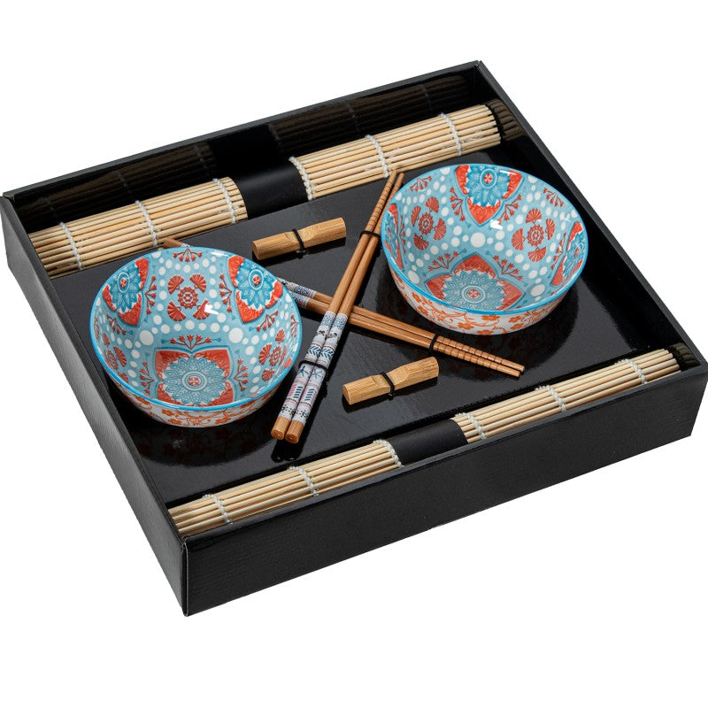 Set completo de 2 cuencos de porcelana con diseño floral azul y naranja de estilo oriental, junto con palillos y salvamanteles de bambú en caja de presentación