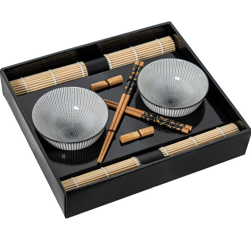 Set completo de 2 cuencos de porcelana con diseño geométrico gris, junto con palillos y salvamanteles de bambú en caja de presentación