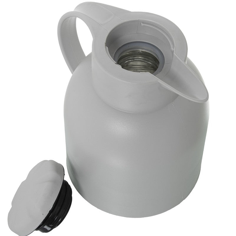 Jarra termo blanca con tapa abierta mostrando el tapón interior y recubrimiento de vidrio
