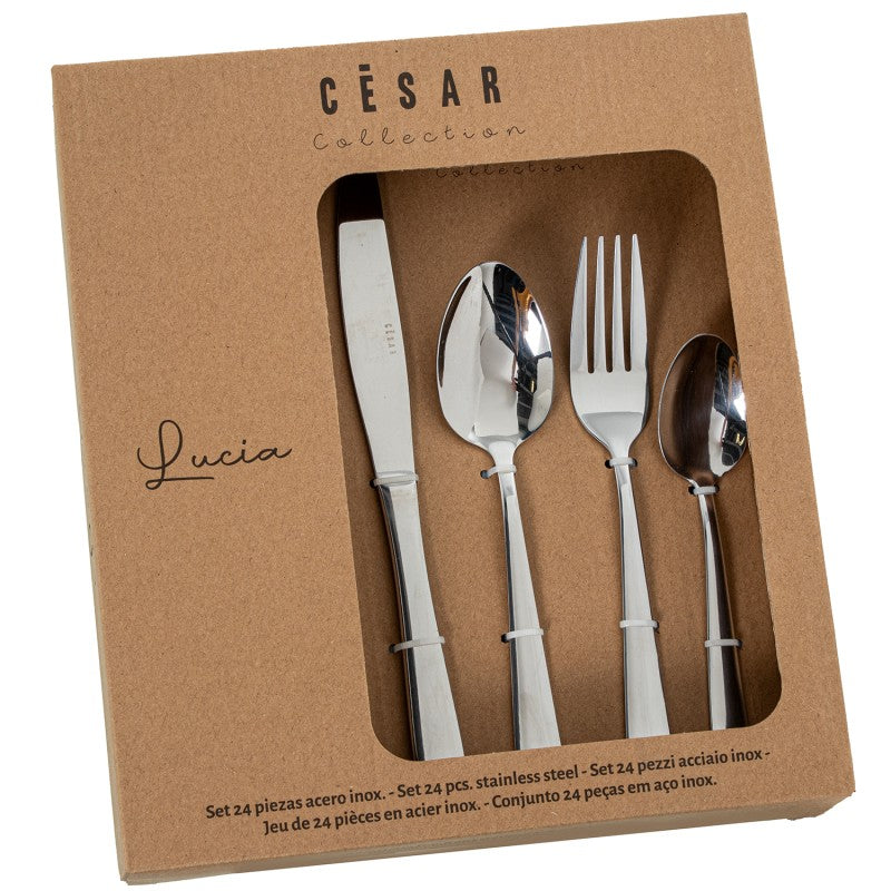 Caja de empaque del set de 24 cubiertos Lucia, colección César, en acero inoxidable plata brillante