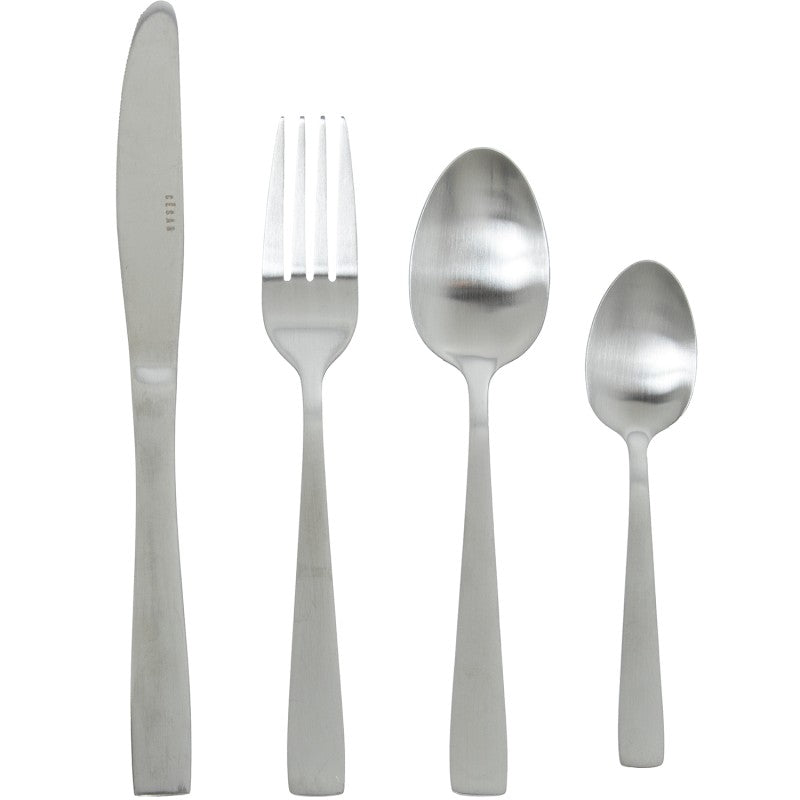 Cuchillo, tenedor, cuchara y cucharita del set de 24 cubiertos Lucia en acero inoxidable plata mate de superficie lisa