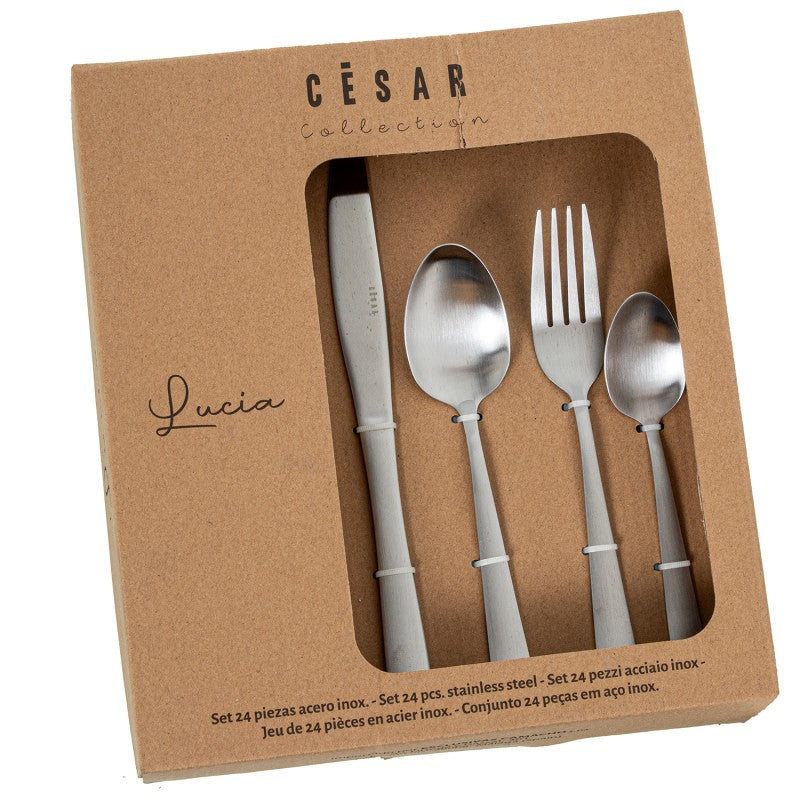 Caja de empaque del set de 24 cubiertos Lucia, colección César, en acero inoxidable plata mate