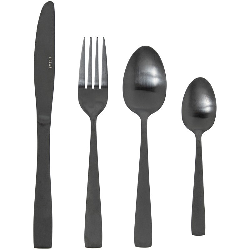 Cuchillo, tenedor, cuchara y cucharita del set de 24 cubiertos Lucia en acero inoxidable negro mate de superficie lisa