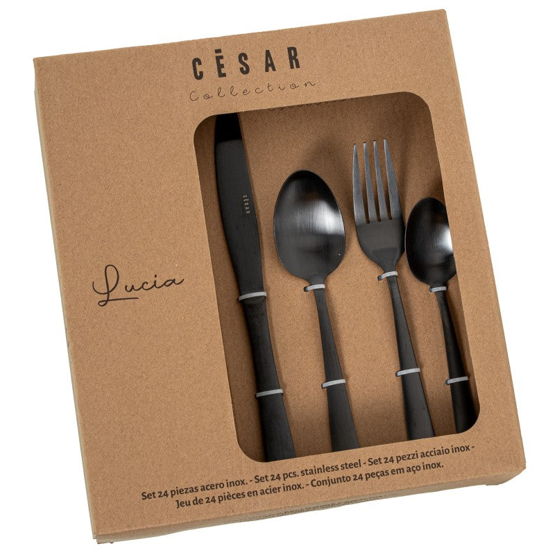 Caja de empaque del set de 24 cubiertos Lucia, colección César, en acero inoxidable negro mate