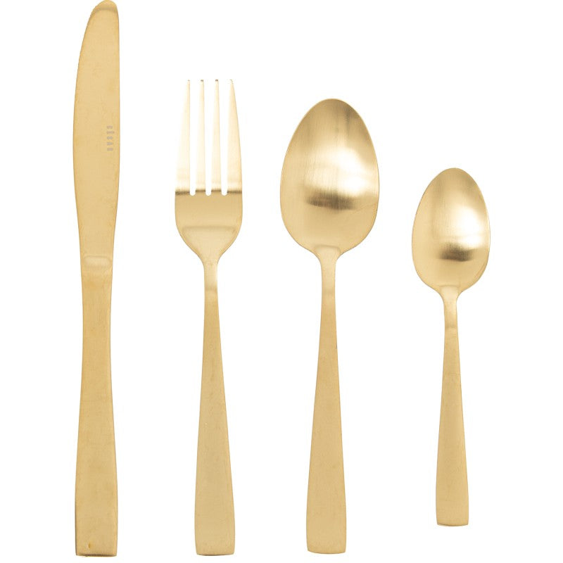 Cuchillo, tenedor, cuchara y cucharita del set de 24 cubiertos Lucia en acero inoxidable dorado mate de superficie lisa