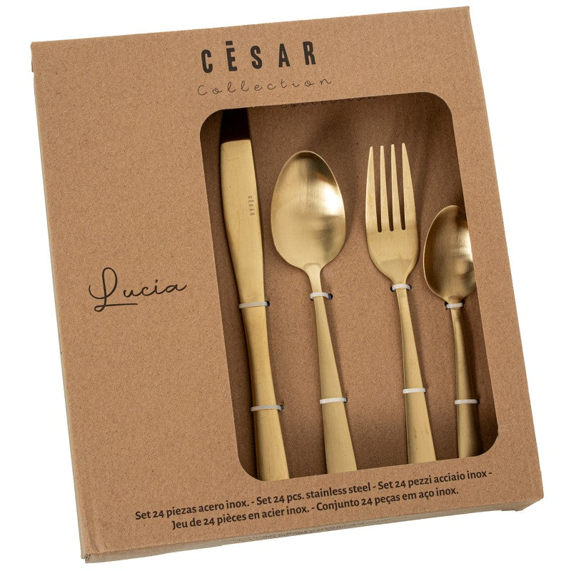 Caja de empaque del set de 24 cubiertos Lucia, colección César, en acero inoxidable dorado mate