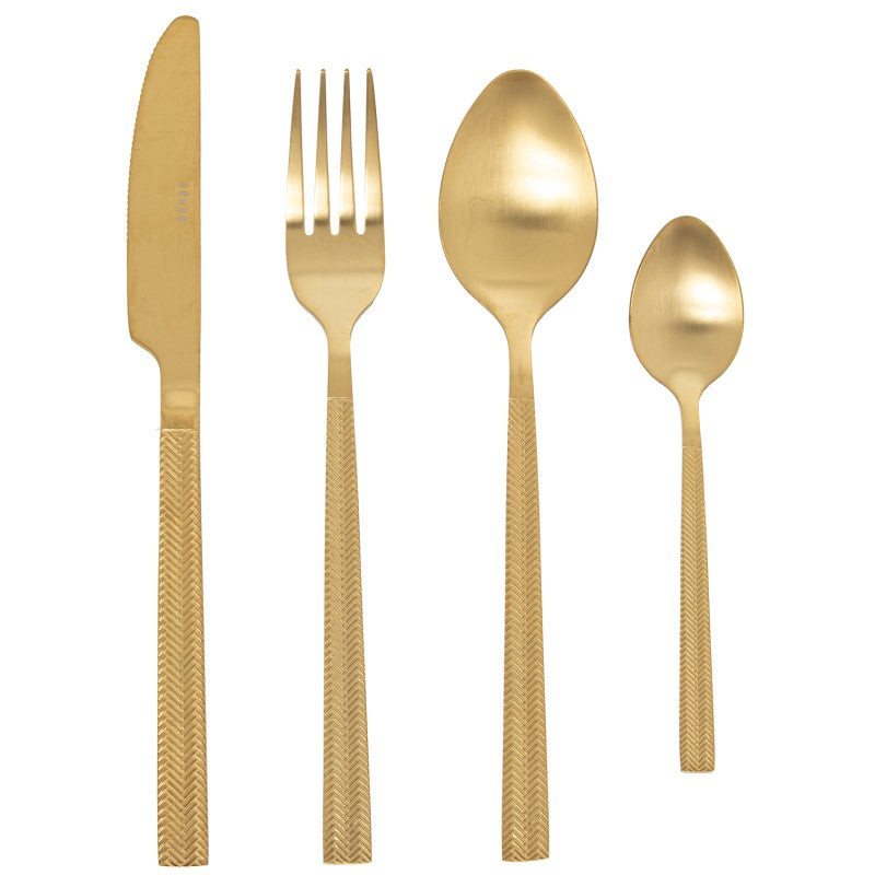 Cuchillo, tenedor y cucharas del set de 24 cubiertos Alba en acero inoxidable dorado mate con mango texturizado en patrón de espiga