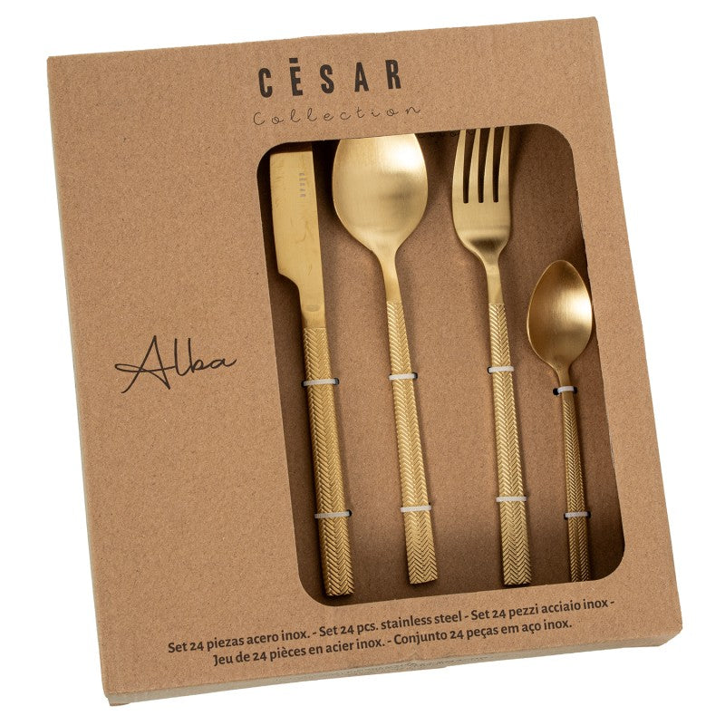 Caja de empaque del set de 24 cubiertos Alba, colección César, en acero inoxidable dorado mate