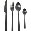 Cuchillo, tenedor y cucharas del set de 24 cubiertos Alba en acero inoxidable negro mate con mango texturizado en patrón de espiga