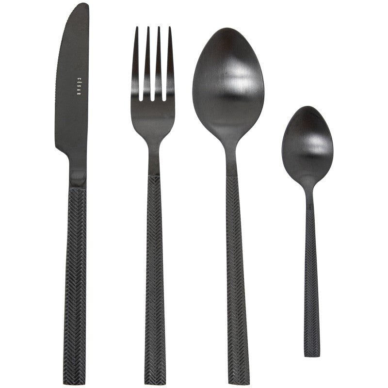 Cuchillo, tenedor y cucharas del set de 24 cubiertos Alba en acero inoxidable negro mate con mango texturizado en patrón de espiga