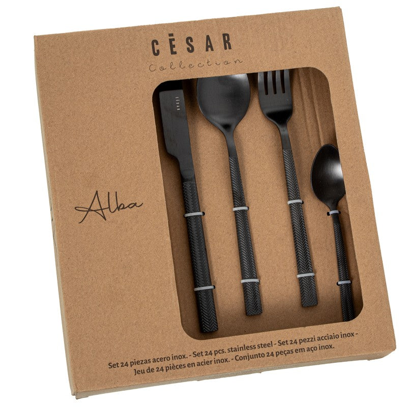 Caja de empaque del set de 24 cubiertos Alba, colección César, en acero inoxidable negro mate