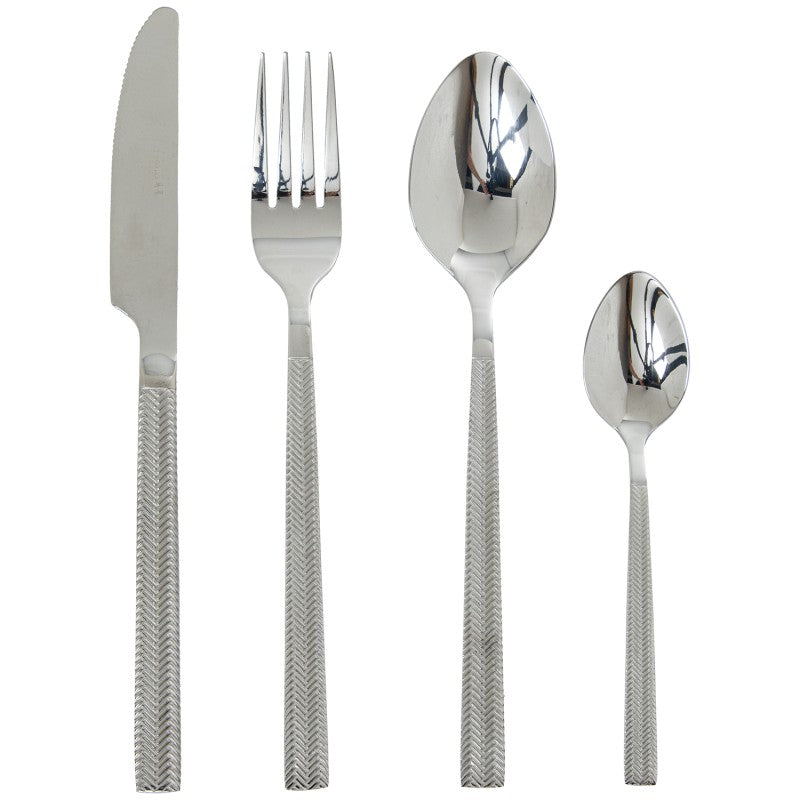 Cuchillo, tenedor y cucharas del set de 24 cubiertos Alba en acero inoxidable plateado con mango texturizado en patrón de espiga