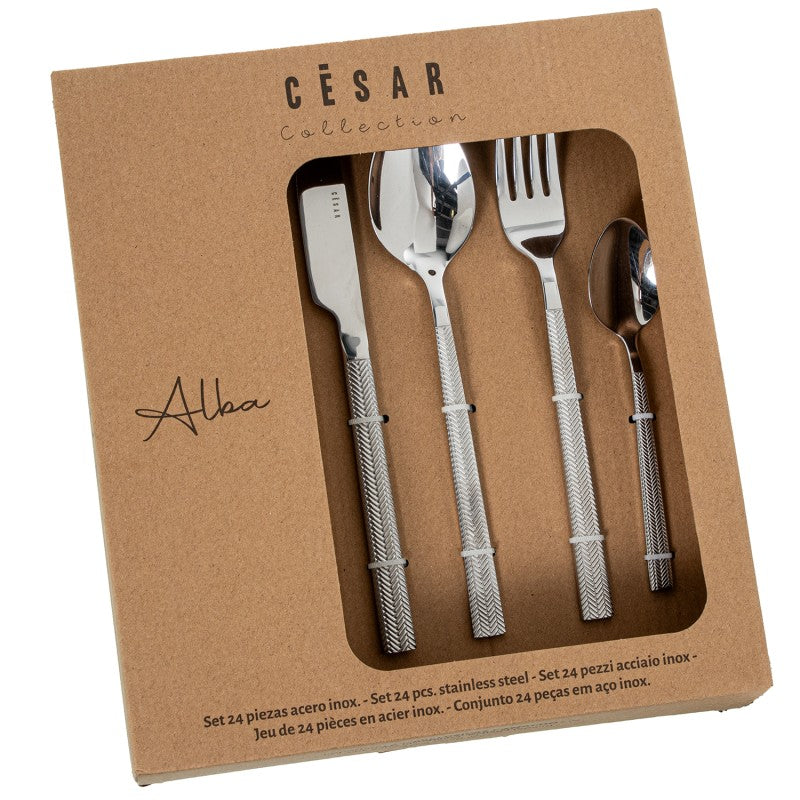 Caja de empaque del set de 24 cubiertos Alba, colección César, en acero inoxidable plateado