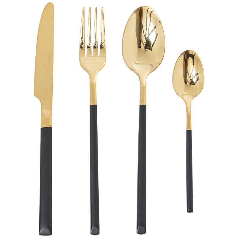 Cuchillo, tenedor y cucharas del set de 24 cubiertos Noah en acero inoxidable dorado con mango negro mate