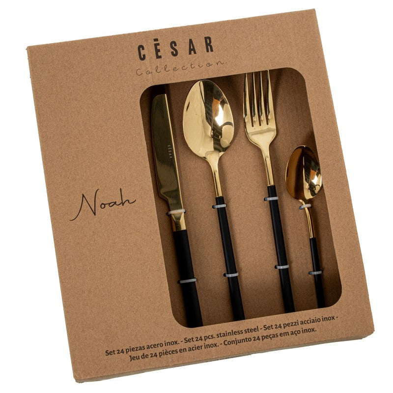 Caja de empaque del set de 24 cubiertos Noah, colección César, en acero inoxidable dorado y negro