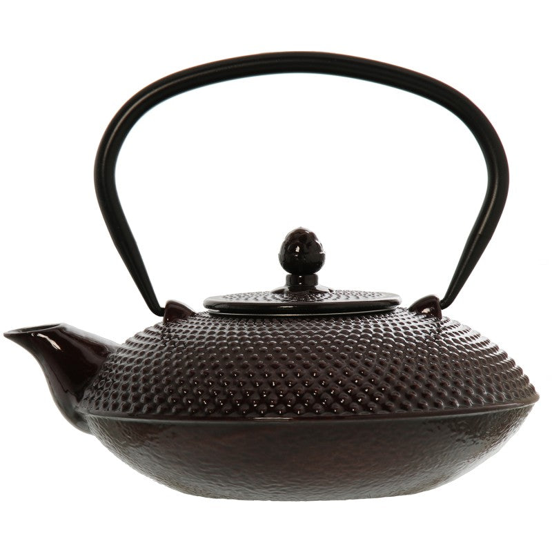Tetera de hierro fundido en marrón brillante con textura de puntos, vista frontal