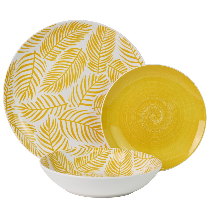 Vajilla de porcelana 18 piezas amarilla con hojas, plato llano estampado, plato de postre liso y tazón