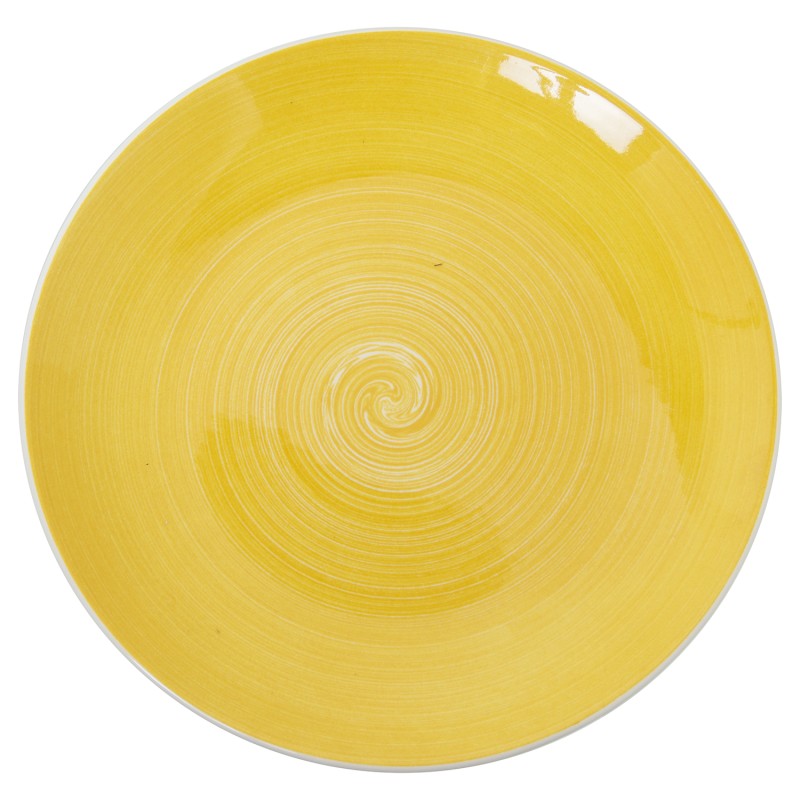 Plato de postre de porcelana en amarillo liso, vista superior sobre fondo blanco