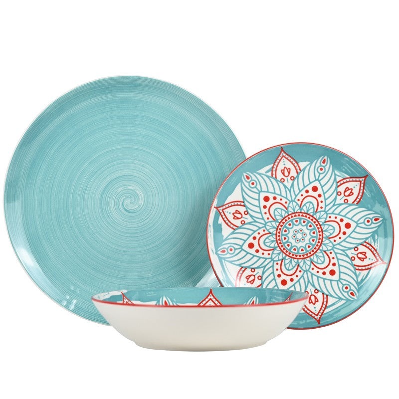 Plato de cena, plato de ensalada y tazón de la vajilla de 18 piezas en porcelana con patrón mandala en tonos azul turquesa y rojo