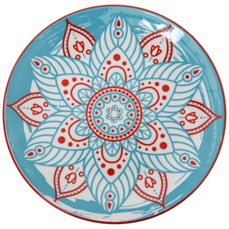 Plato de cena con borde rojo y patrón mandala en tonos azul turquesa de la vajilla de porcelana
