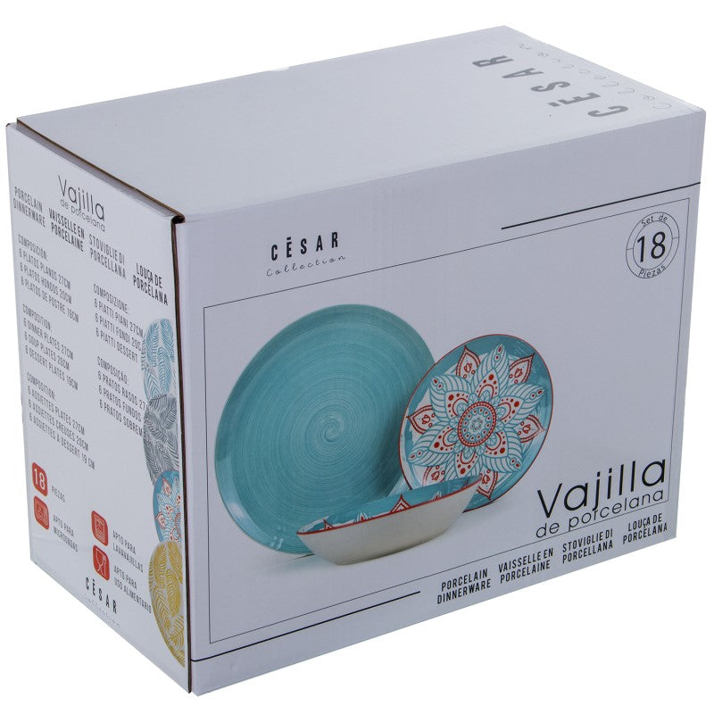 Caja de empaque de la vajilla de 18 piezas en porcelana, colección César, con diseño mandala azul turquesa