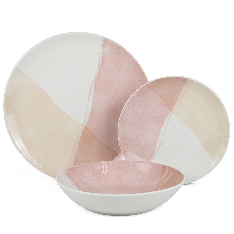 Plato de cena, plato de ensalada y tazón de la vajilla de 18 piezas en porcelana con diseño en tonos rosa, blanco y crema