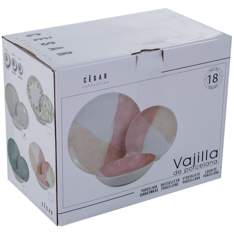 Caja de empaque de la vajilla de 18 piezas en porcelana, colección César, con diseño en tonos rosa