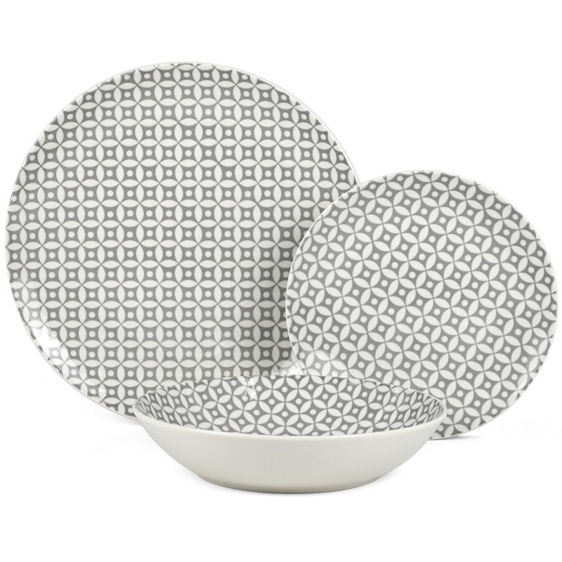 Plato de cena, plato de ensalada y tazón de la vajilla de 18 piezas en porcelana gris con estampado geométrico