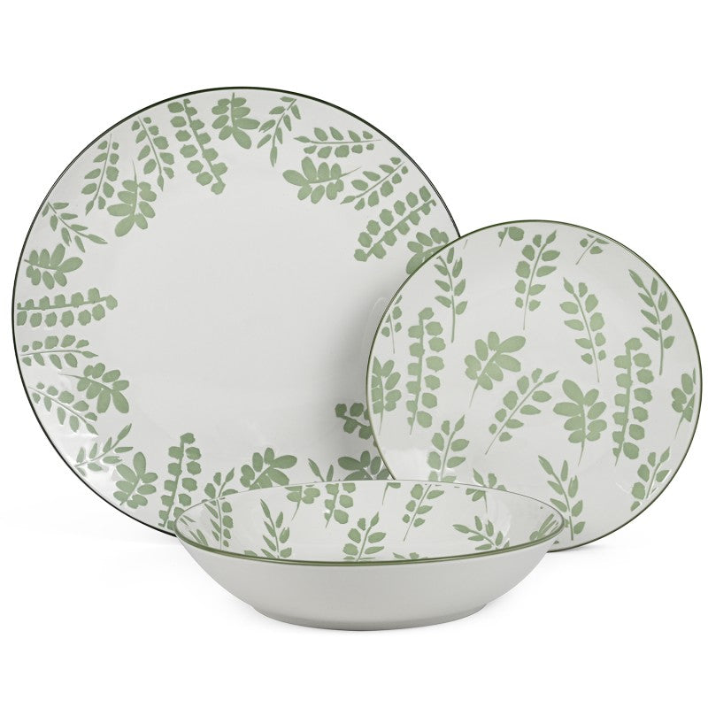 Plato de cena, plato de ensalada y tazón de la vajilla de 18 piezas en porcelana blanca con diseño de hojas verdes