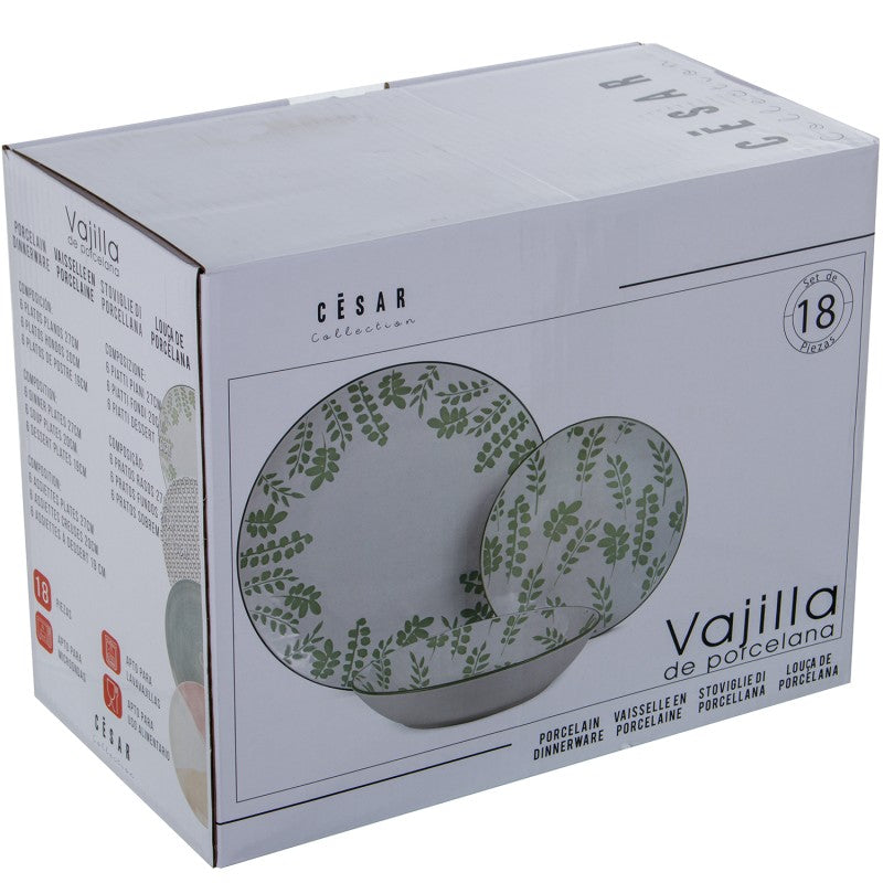 Caja de empaque de la vajilla de 18 piezas en porcelana, colección César, con diseño de hojas verdes