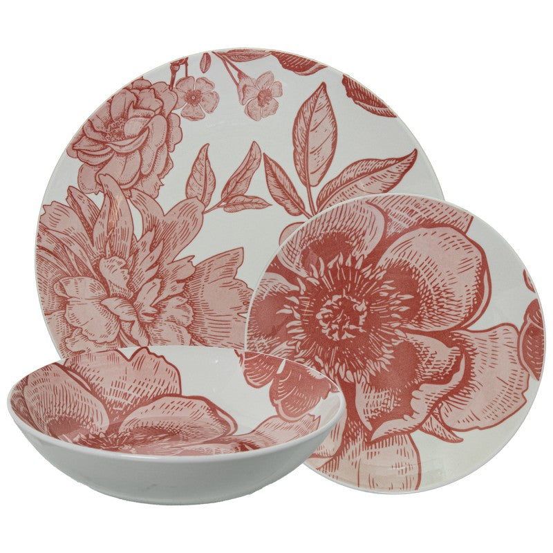 Vajilla de porcelana blanca 18 piezas con flores rosas, plato llano, plato de postre y tazón