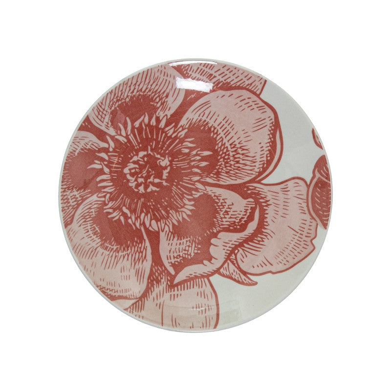 Plato de postre de porcelana blanca con diseño floral rosa, vista superior sobre fondo blanco