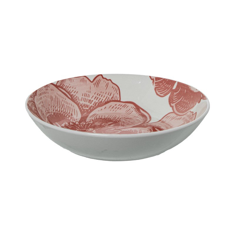 Tazón hondo de porcelana blanca con estampado floral rosa, vista en ángulo sobre fondo blanco