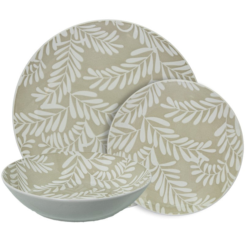 Vajilla de porcelana beige 18 piezas con hojas blancas, plato llano, plato de postre y tazón