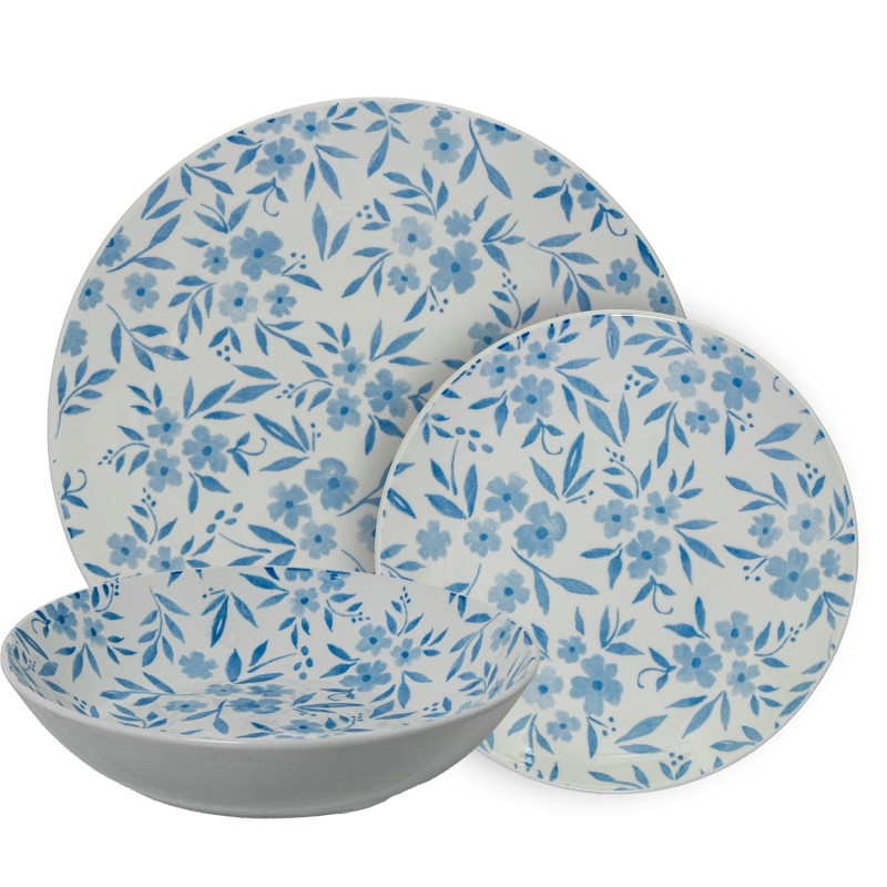Vajilla de porcelana blanca 18 piezas con flores azules, plato llano, plato de postre y tazón hondo