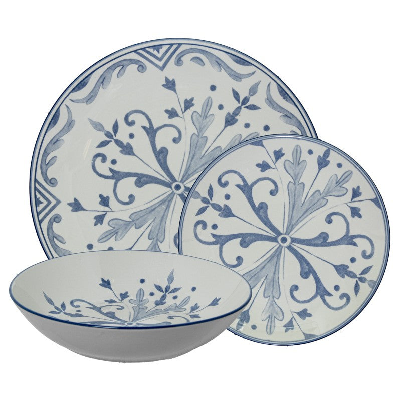 Vajilla de porcelana blanca 18 piezas con decoración floral azul, plato de cena, plato de ensalada y tazón
