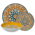 Vajilla de porcelana 18 piezas con diseño mandala amarillo y azul, plato de cena, plato de ensalada y tazón