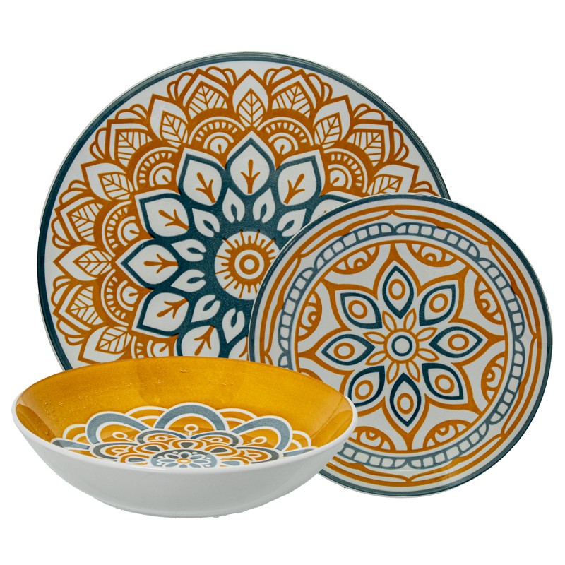 Vajilla de porcelana 18 piezas con diseño mandala amarillo y azul, plato de cena, plato de ensalada y tazón