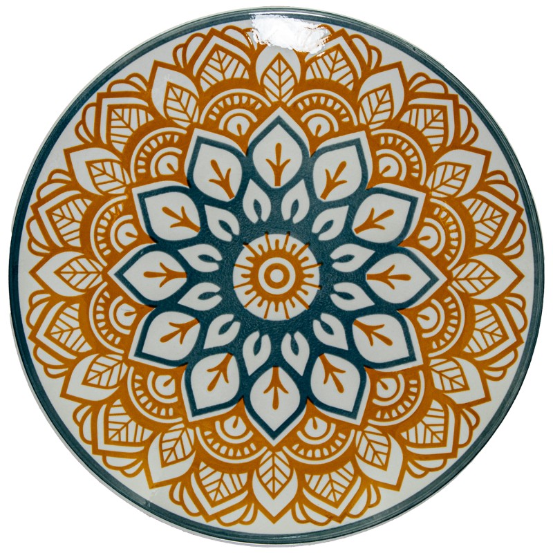 Vista superior de plato de cena de porcelana con patrón mandala completo en tonos naranja y azul petróleo