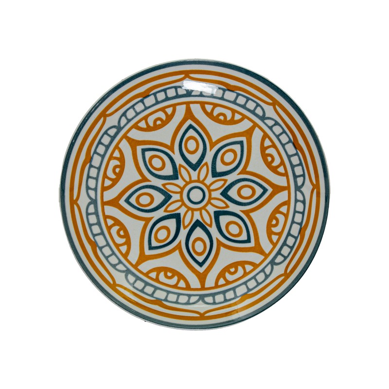 Plato de ensalada de porcelana con motivo floral mandala en naranja y azul, vista superior