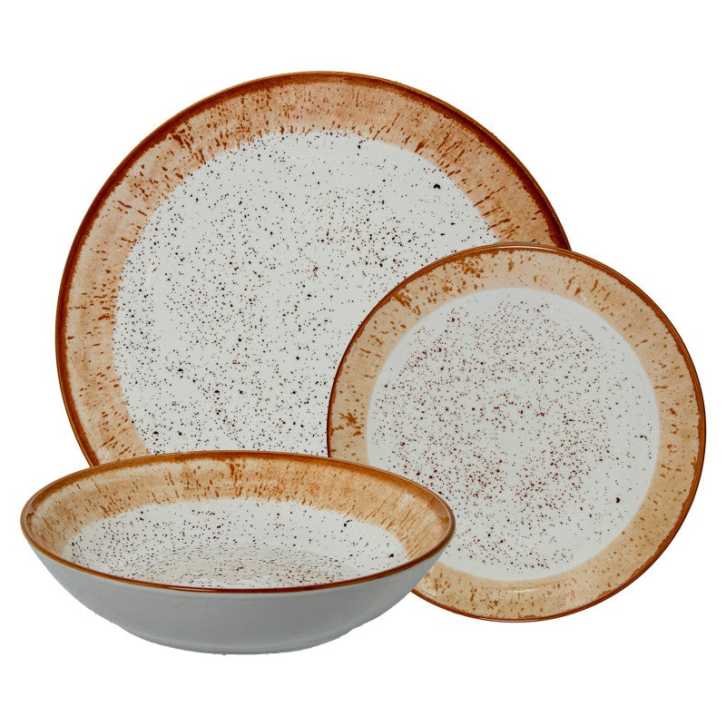 Vajilla de porcelana 18 piezas con acabado moteado y borde marrón, plato de cena, plato de ensalada y tazón