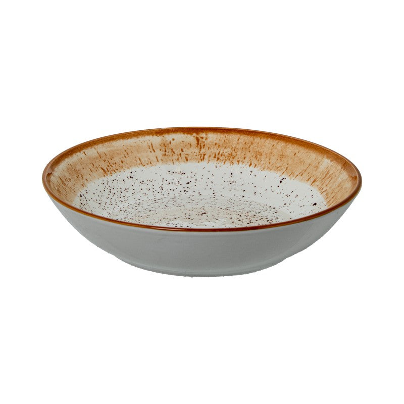Tazón hondo de porcelana con borde marrón moteado, vista en ángulo sobre fondo blanco