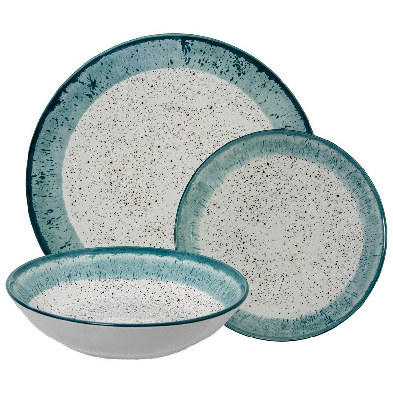 Vajilla de porcelana 18 piezas con acabado moteado y borde azul, plato de cena, plato de ensalada y tazón