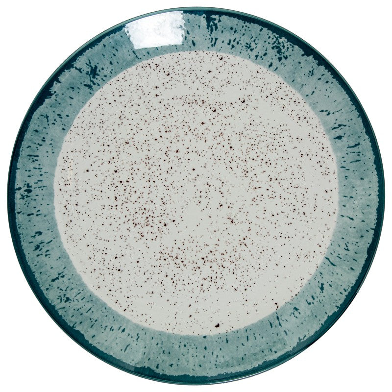 Vista superior de plato de cena de porcelana con borde azul moteado degradado