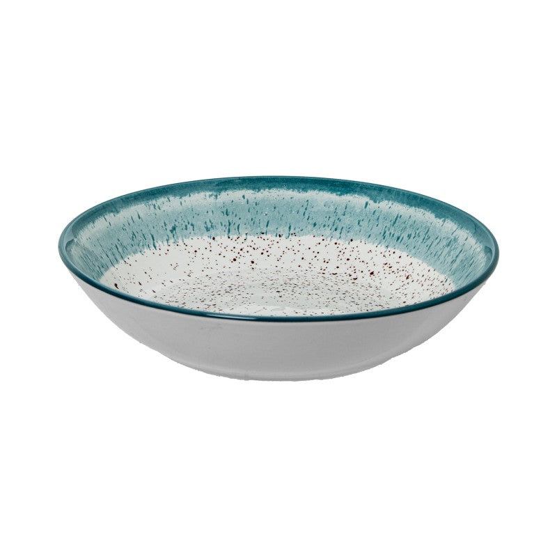 Tazón hondo de porcelana con borde azul moteado, vista en ángulo sobre fondo blanco