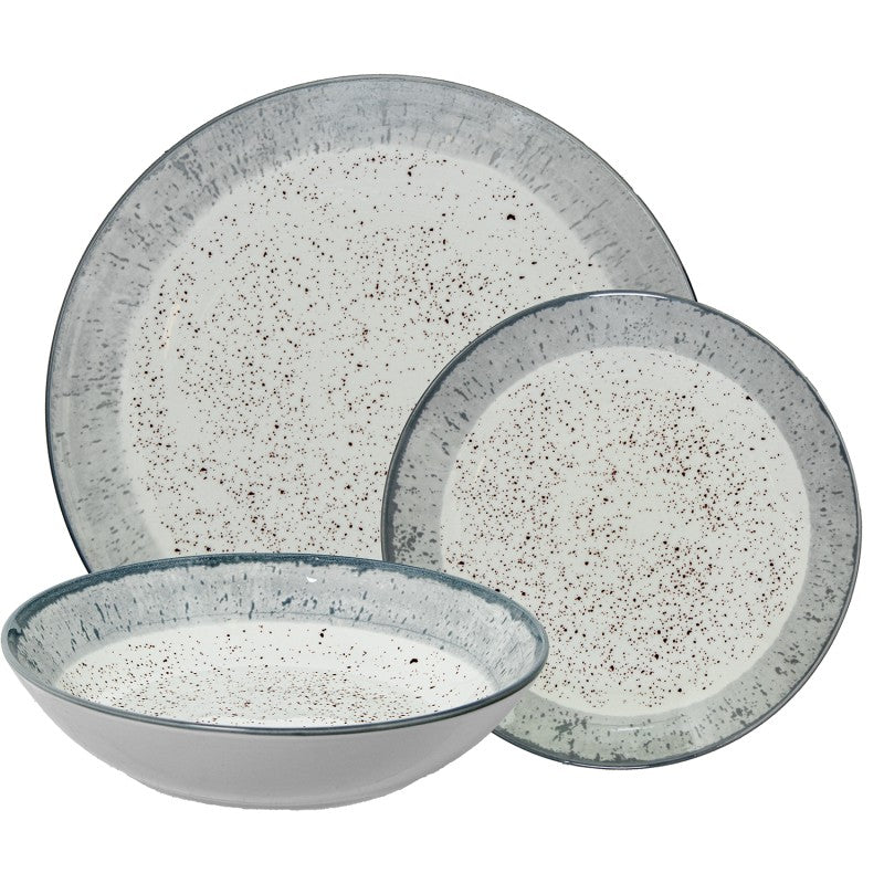 Vajilla de porcelana 18 piezas con acabado moteado gris, plato de cena, plato de ensalada y tazón