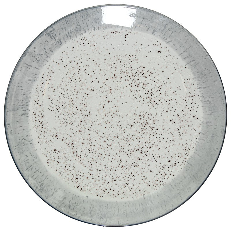 Vista superior de plato de cena de porcelana con acabado moteado gris degradado en el borde