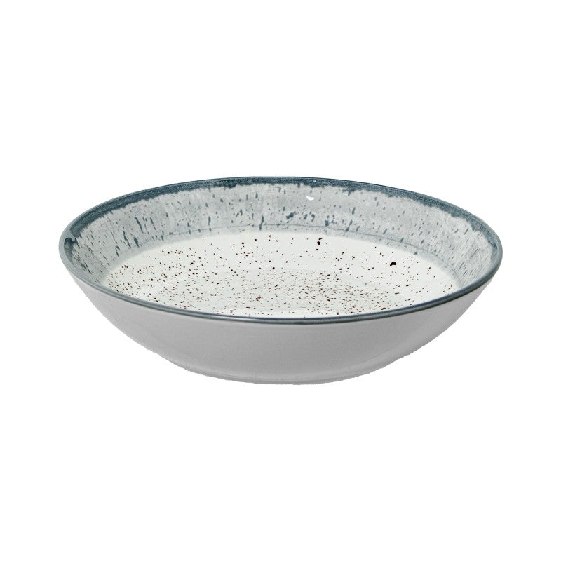 Tazón hondo de porcelana con acabado moteado gris, vista en ángulo sobre fondo blanco