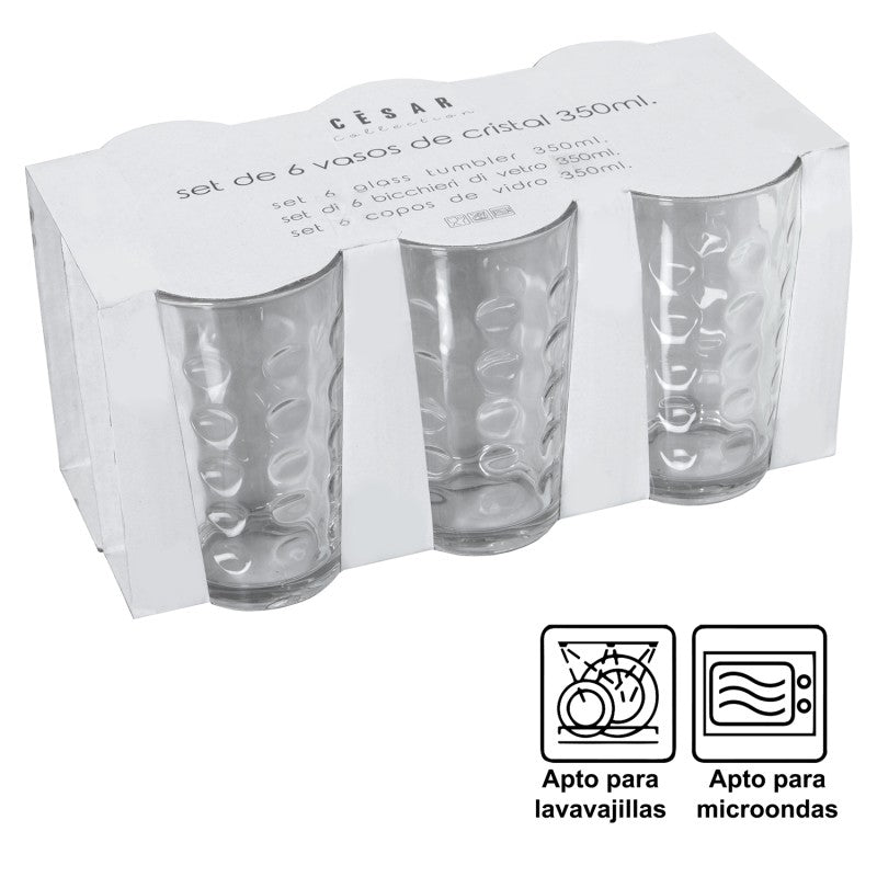 Packaging de set de 6 vasos de cristal con relieve ovalado, apto para lavavajillas y microondas